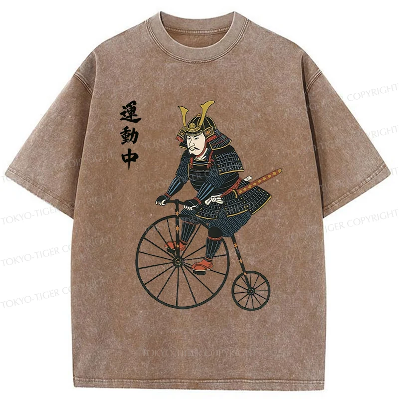 Tokyo-Tiger Samurai Riding Penny-farthing Washed T-Shirt