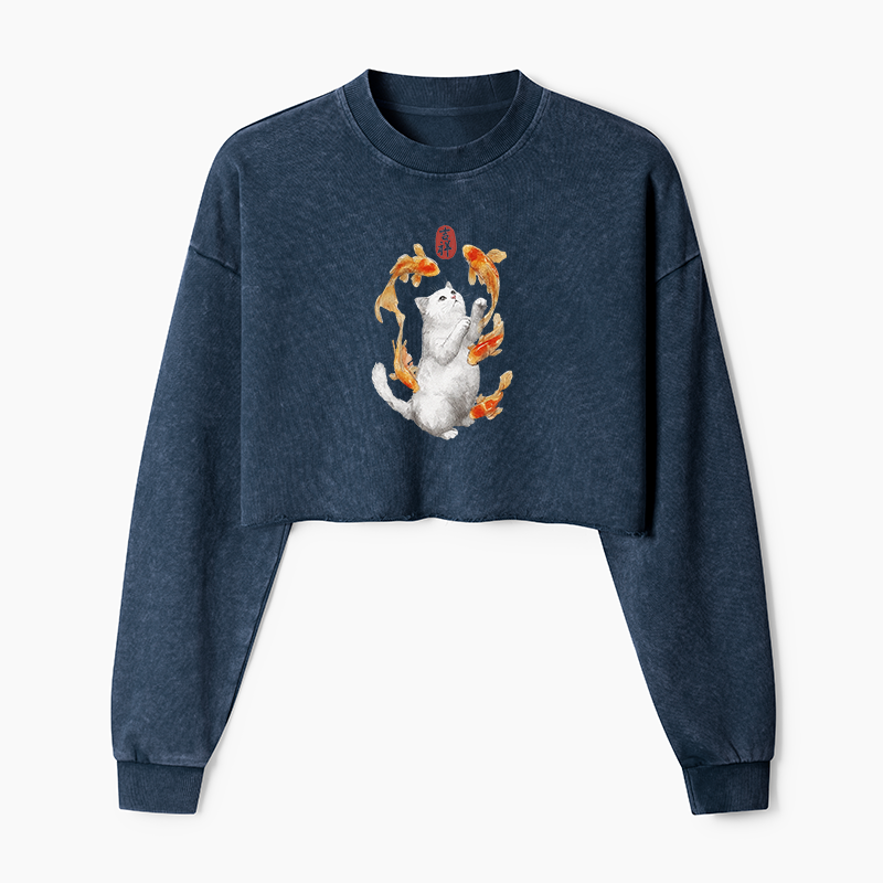 Tokyo-Tiger Zen Cat And The Dancing Fish Washed Crop Sweatshirt