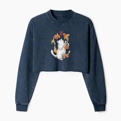 Tokyo-Tiger Zen Cat And The Dancing Fish Washed Crop Sweatshirt