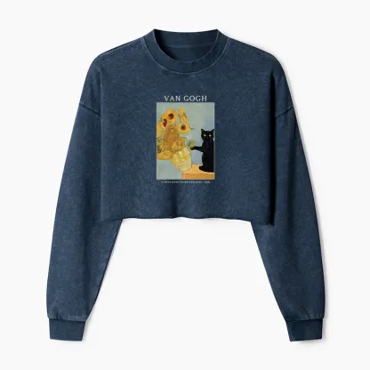 Tokyo-Tiger Black Cat With Sunflowers Washed Crop Sweatshirt