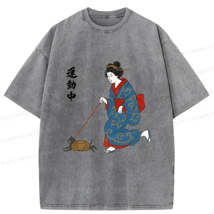 Tokyo-Tiger Geisha Walking Cat Washed T-Shirt