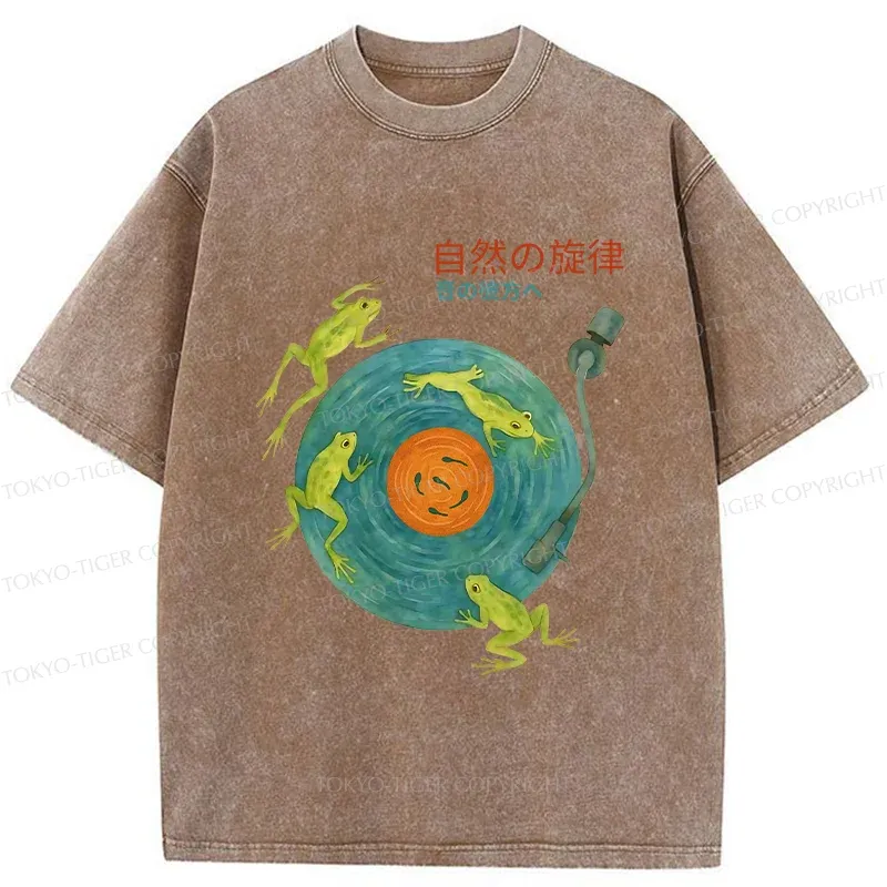 Tokyo-Tiger Frog Art Record Washed T-Shirt
