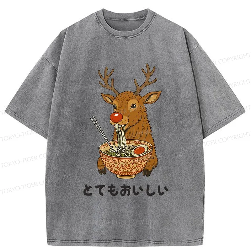 Tokyo-Tiger Reindeer Eating Ramen Washed T-Shirt Sale