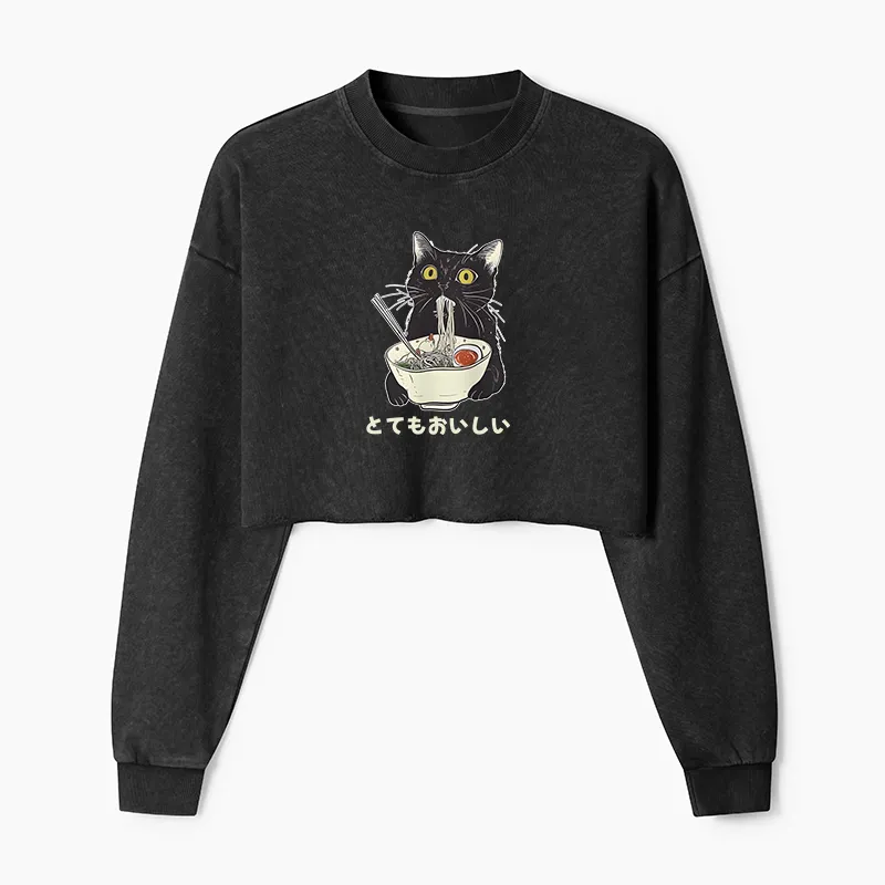Tokyo-Tiger Cats Eat Ramen Noodles Washed Crop Sweatshirt