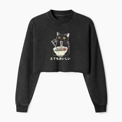 Tokyo-Tiger Cats Eat Ramen Noodles Washed Crop Sweatshirt