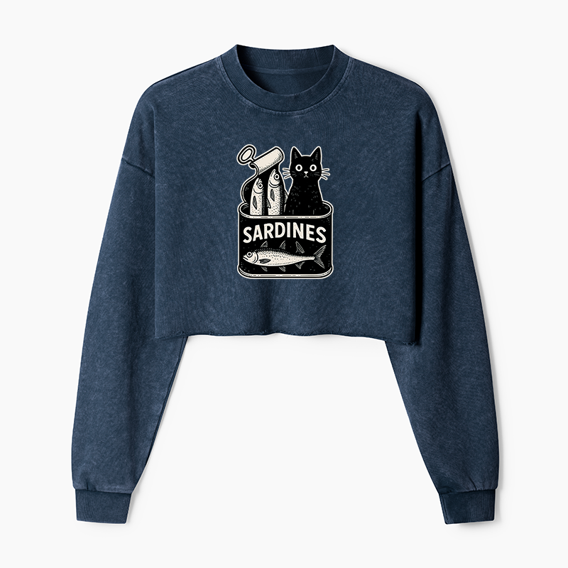 Tokyo-Tiger Cat And Canned Fish Washed Crop Sweatshirt