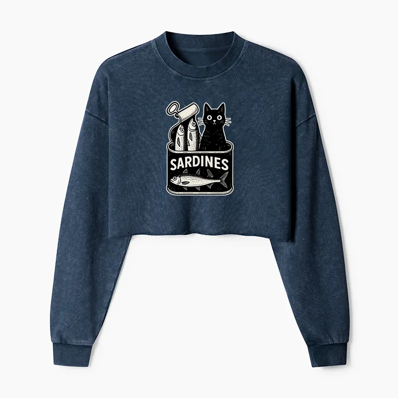 Tokyo-Tiger Cat And Canned Fish Washed Crop Sweatshirt