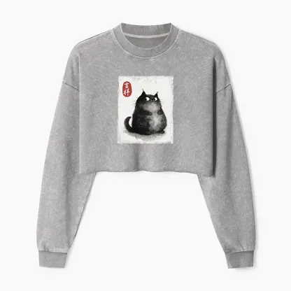 Tokyo-Tiger Auspicious Fluffy Black Cat Ink Painting Washed Crop Sweatshirt