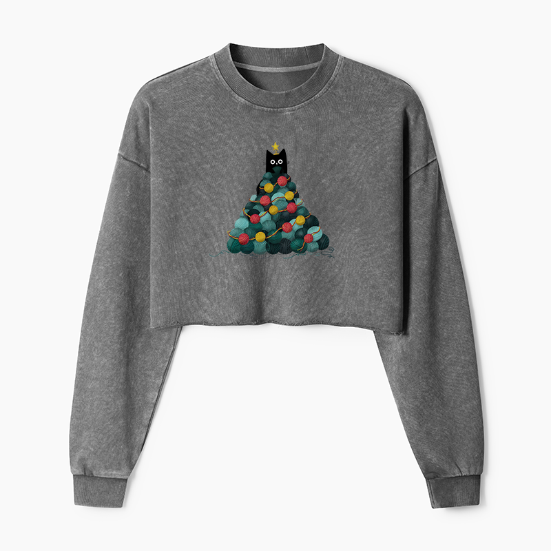 Tokyo-Tiger Yarn Christmas Tree Cat Washed Crop Sweatshirt