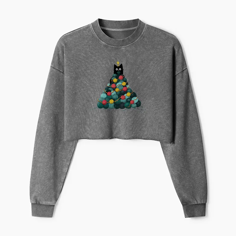 Tokyo-Tiger Yarn Christmas Tree Cat Washed Crop Sweatshirt