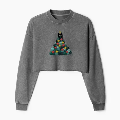 Tokyo-Tiger Yarn Christmas Tree Cat Washed Crop Sweatshirt