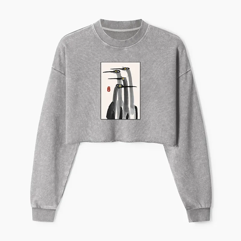 Tokyo-Tiger Japanese Crane Poster Washed Crop Sweatshirt