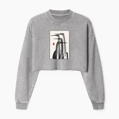 Tokyo-Tiger Japanese Crane Poster Washed Crop Sweatshirt