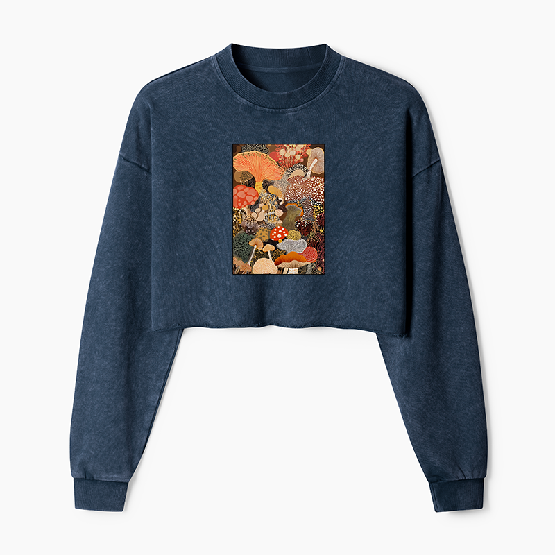Tokyo-Tiger Psychedelic Mushroom Paintings Washed Crop Sweatshirt