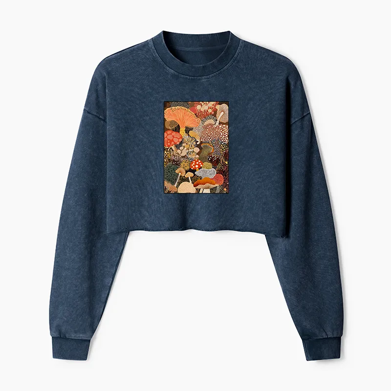Tokyo-Tiger Psychedelic Mushroom Paintings Washed Crop Sweatshirt