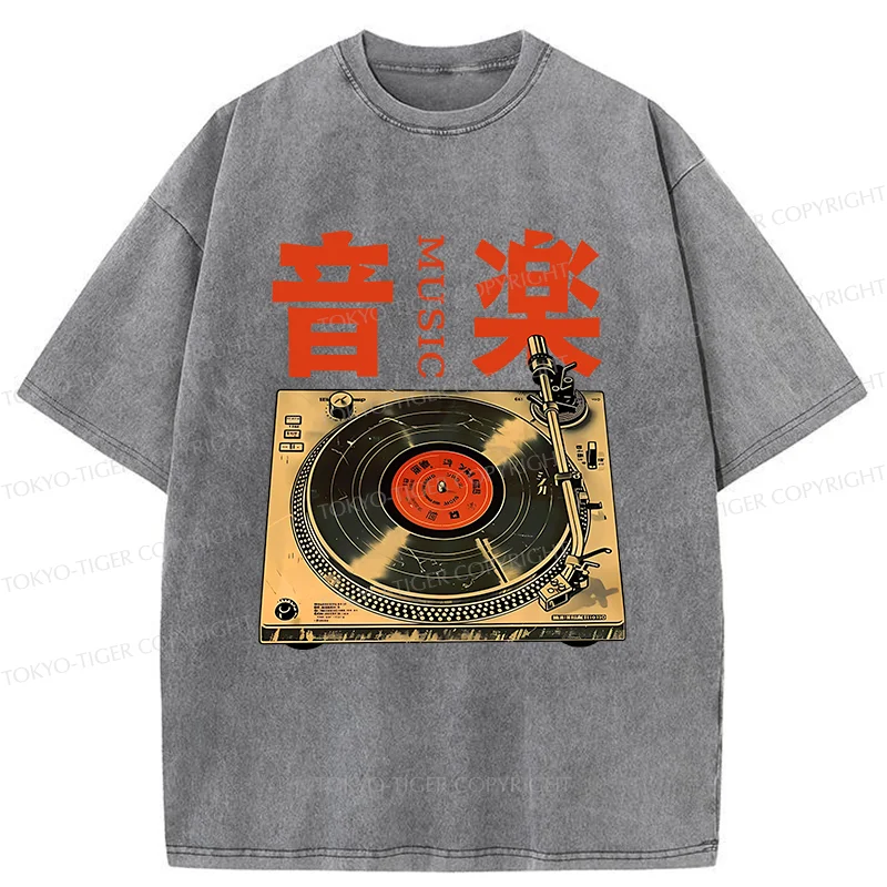 Tokyo-Tiger Retro Music Record Player Washed T-Shirt