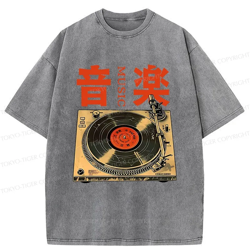 Tokyo-Tiger Retro Music Record Player Washed T-Shirt