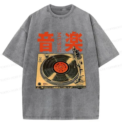 Tokyo-Tiger Retro Music Record Player Washed T-Shirt