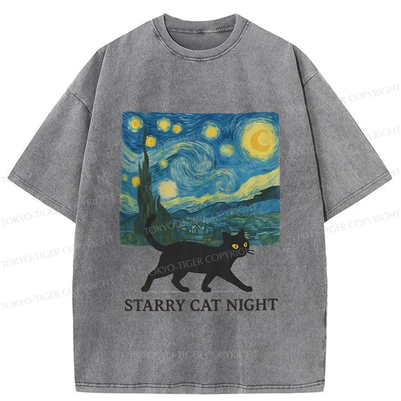 Tokyo-Tiger Cat Walking Under The Stars Washed T-Shirt