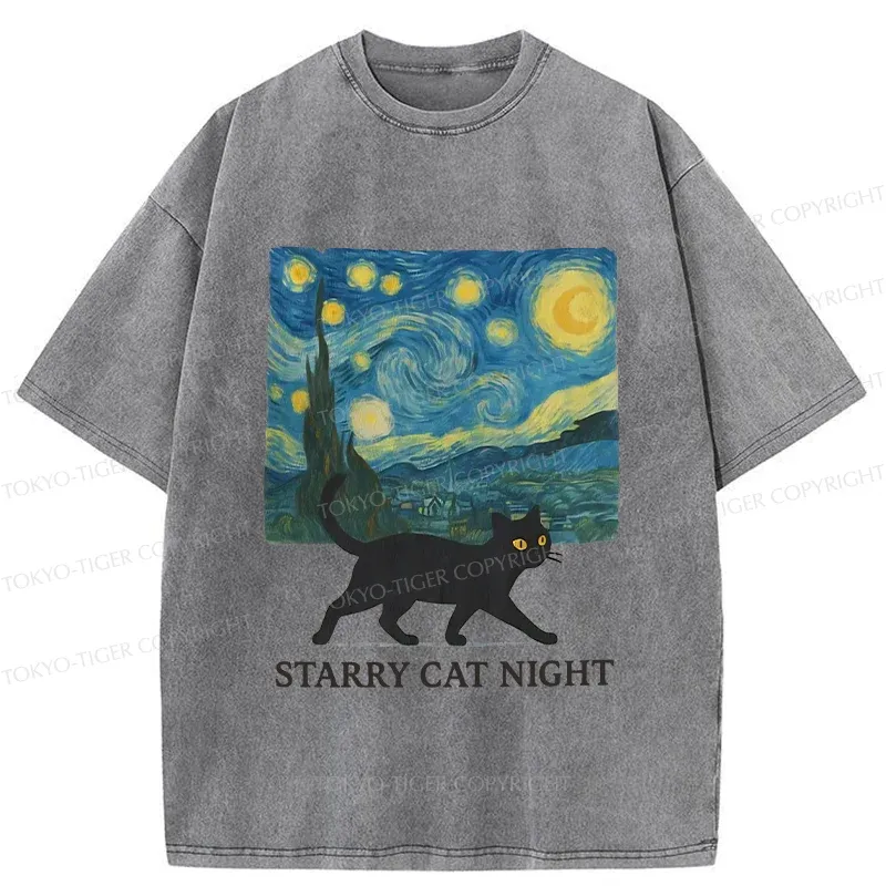 Tokyo-Tiger Cat Walking Under The Stars Washed T-Shirt