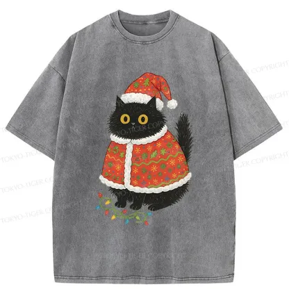 Tokyo-Tiger Cat Wearing Santa Hat Washed T-Shirt