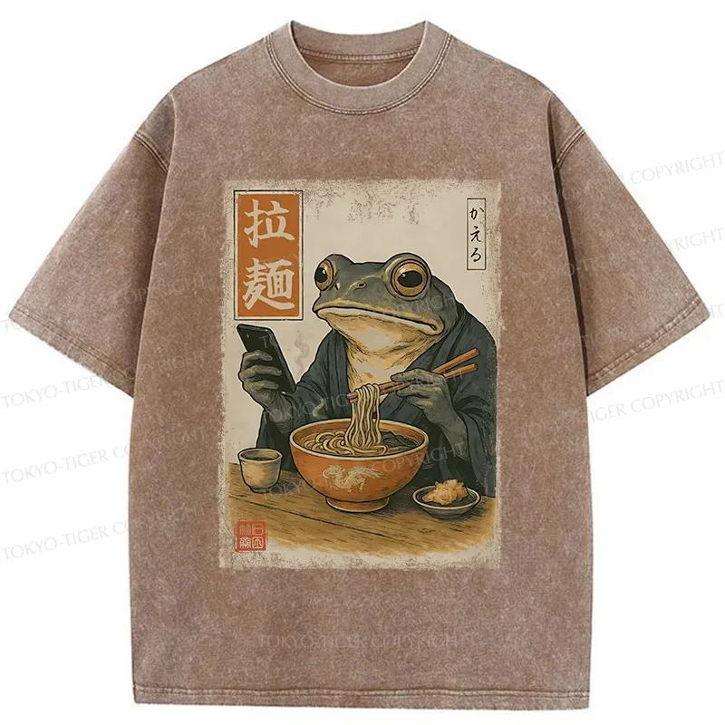 Tokyo-Tiger Funny Frog Eating Ramen Washed T-Shirt