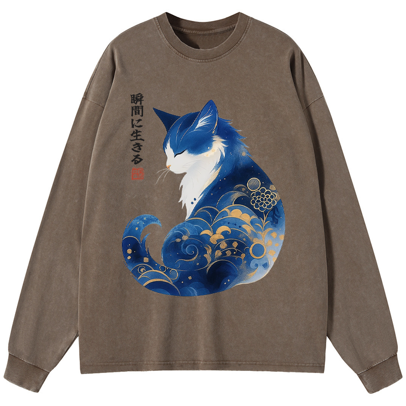 Tokyo-Tiger Retro Zen Cat: Living the Present Washed Long Sleeve T-Shirt