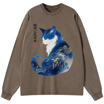 Tokyo-Tiger Retro Zen Cat: Living the Present Washed Long Sleeve T-Shirt