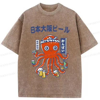 Tokyo-Tiger Octopus Chef Drinking Beer Washed T-Shirt