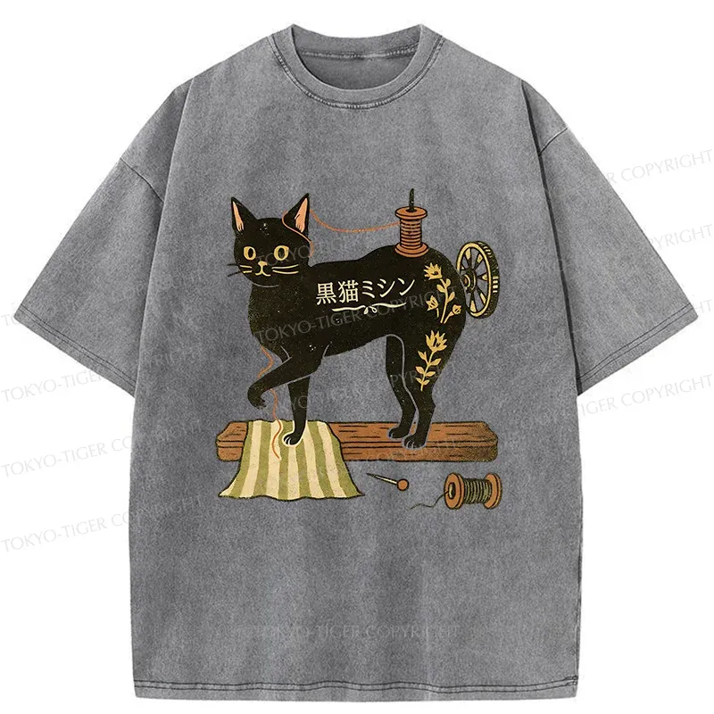 Tokyo-Tiger Sewing Machine Cat Washed T-Shirt