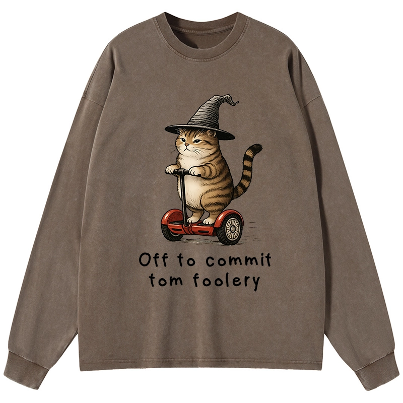 Tokyo-Tiger Orange Cat Riding Segway-style Washed Long Sleeve T-Shirt