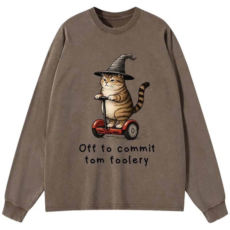 Tokyo-Tiger Orange Cat Riding Segway-style Washed Long Sleeve T-Shirt
