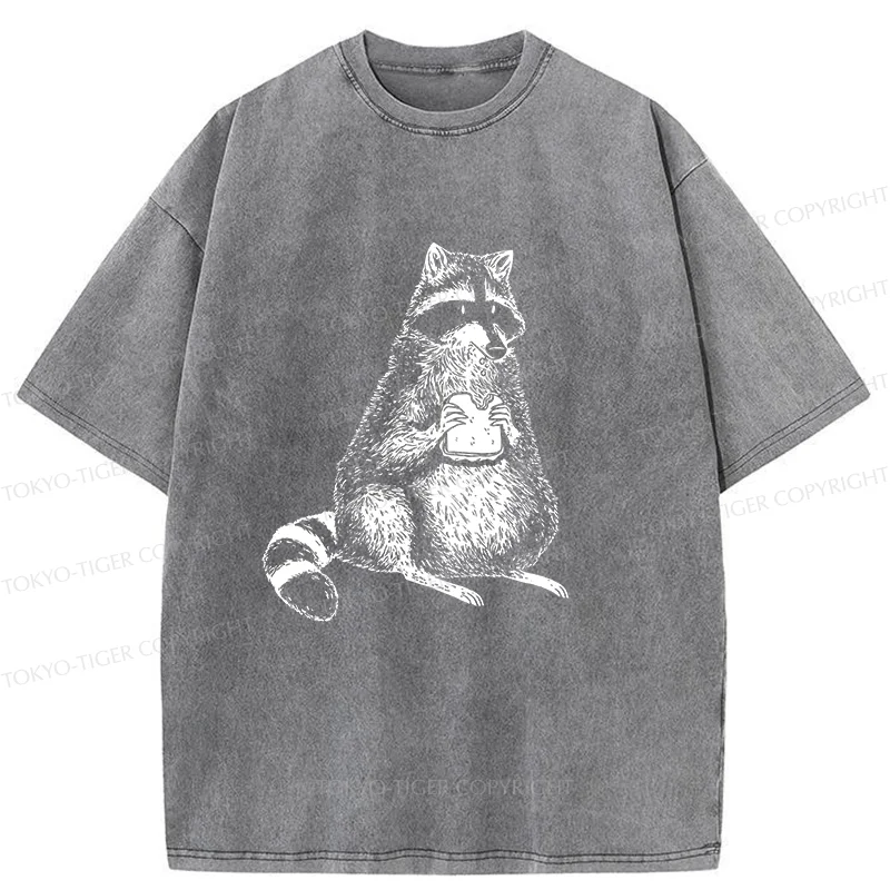 Tokyo-Tiger Raccoon Eating Bread Washed T-Shirt