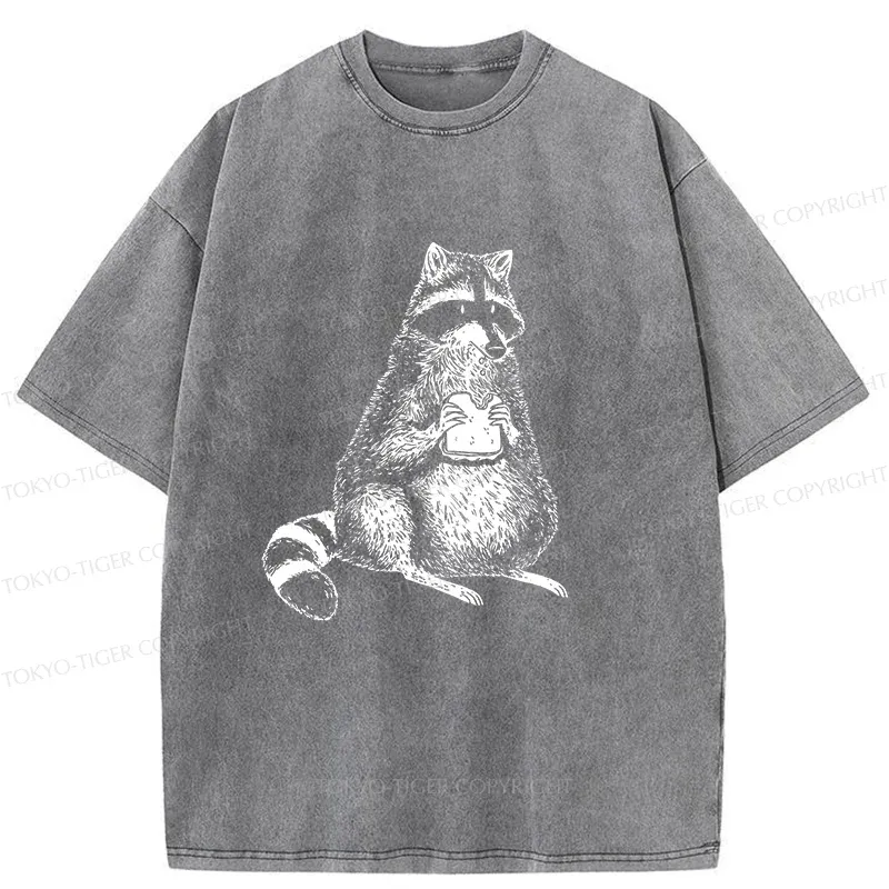 Tokyo-Tiger Raccoon Eating Bread Washed T-Shirt