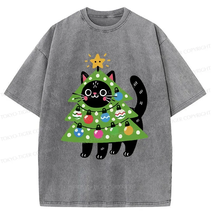 Tokyo-Tiger Christmas Tree Cat Washed T-Shirt