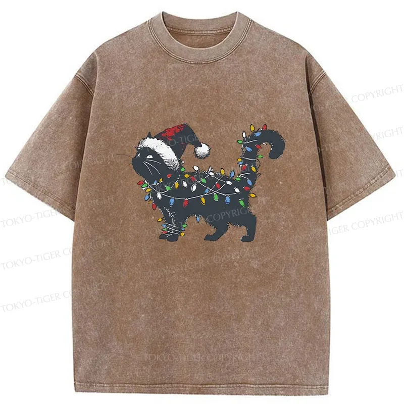 Tokyo-Tiger Cat Entangled In Christmas Lights Washed T-Shirt Sale