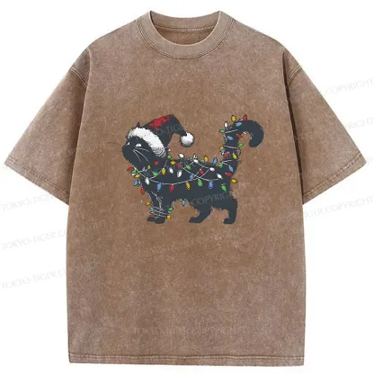 Tokyo-Tiger Cat Entangled In Christmas Lights Washed T-Shirt