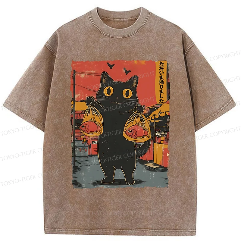 Tokyo-Tiger Cat Fishing Washed T-Shirt