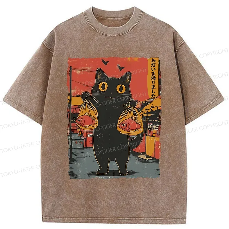 Tokyo-Tiger Cat Fishing Washed T-Shirt