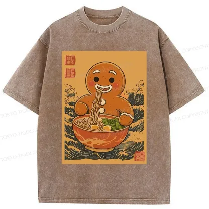 Tokyo-Tiger Gingerbread Man Eating Ramen Washed T-Shirt