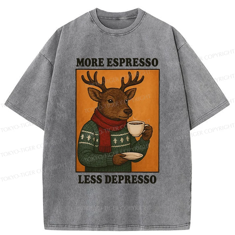 Tokyo-Tiger Reindeer Drinking Coffee Washed T-Shirt