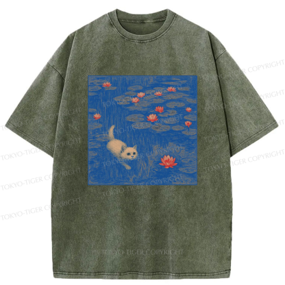 Tokyo-Tiger The Kitten Sneaking Into The Water Lilies Washed T-Shirt