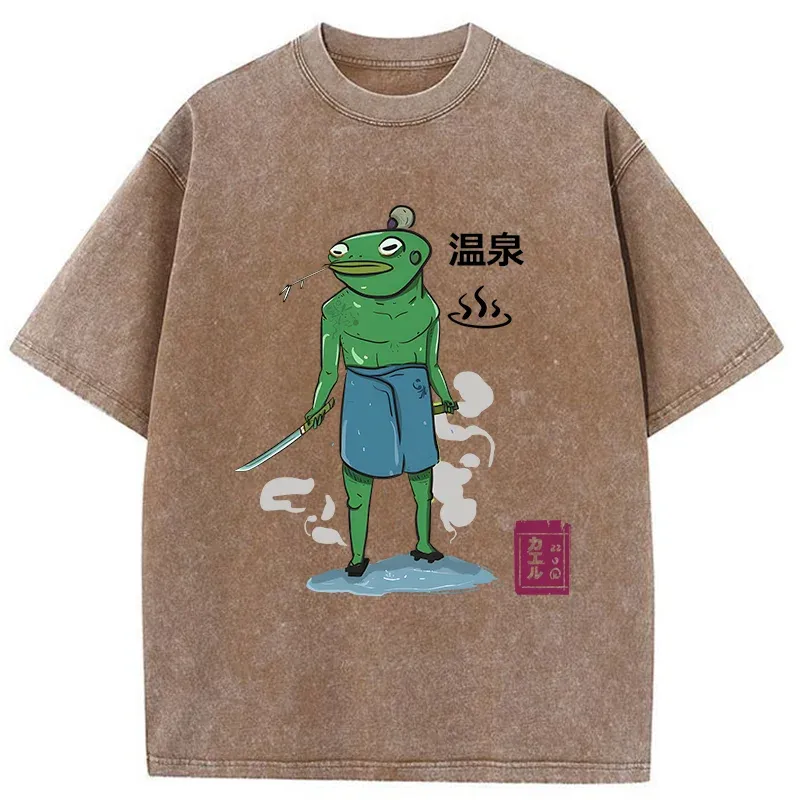 Tokyo-Tiger Frog Samurai Bathing In Hot Spring Washed T-Shirt