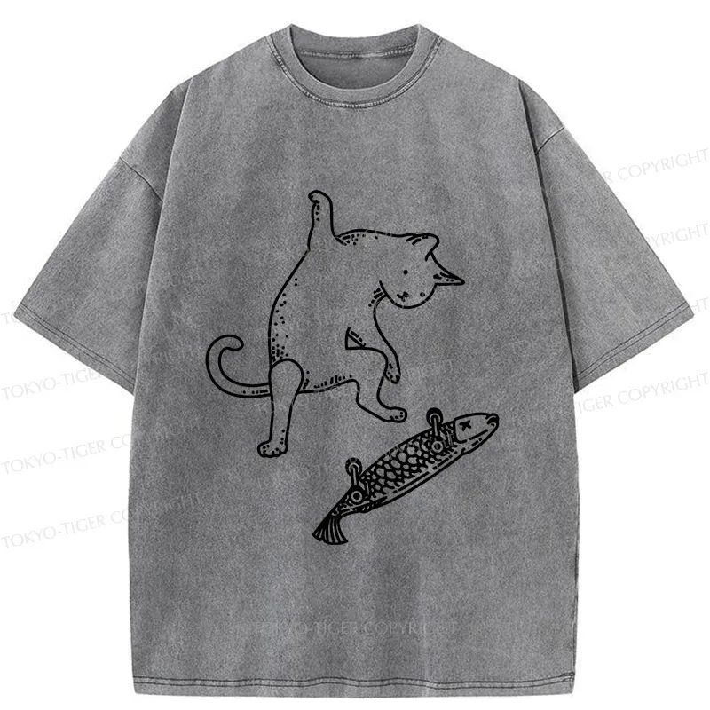 Tokyo-Tiger Cat Skateboarding Washed T-Shirt