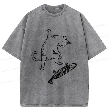 Tokyo-Tiger Cat Skateboarding Washed T-Shirt