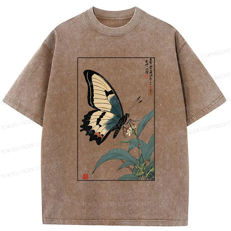 Tokyo-Tiger Ukiyo-e Butterfly Washed T-Shirt
