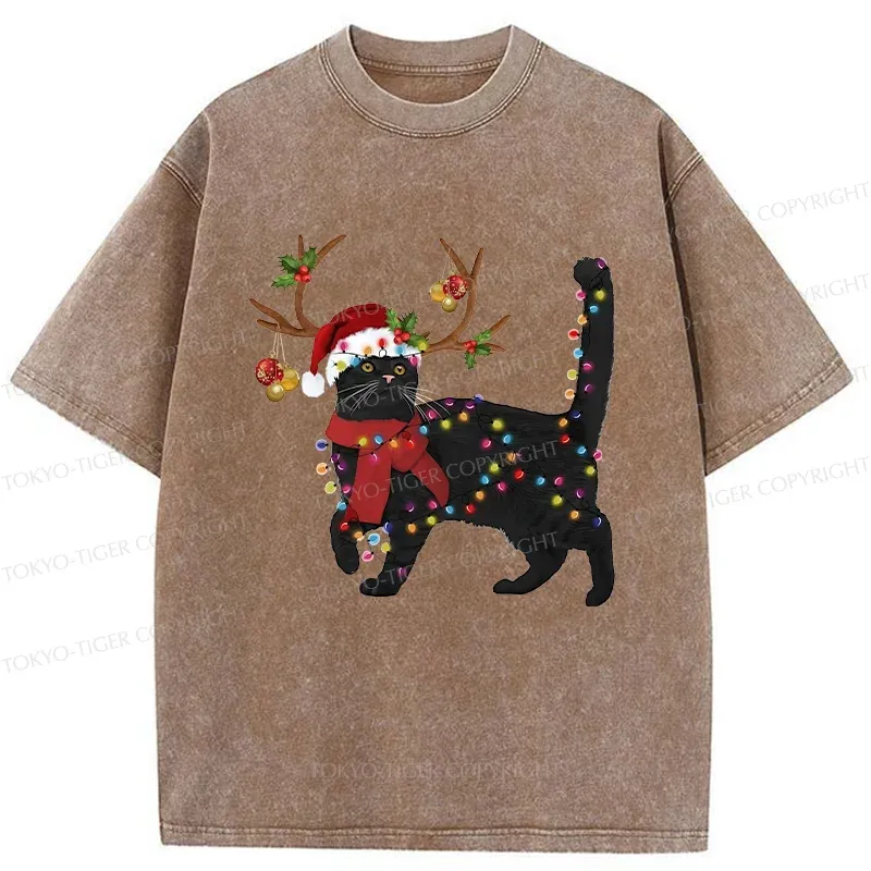 Tokyo-Tiger Christmas Black Cat Washed T-Shirt