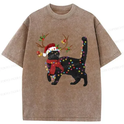 Tokyo-Tiger Christmas Black Cat Washed T-Shirt