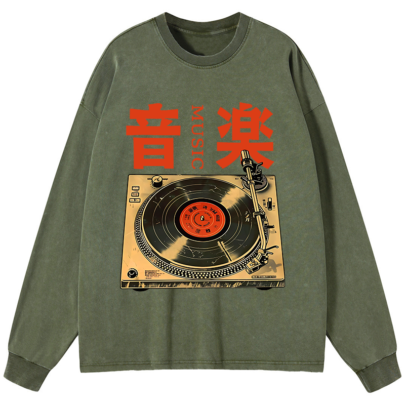 Tokyo-Tiger Retro Music Record Player Washed Long Sleeve T-Shirt