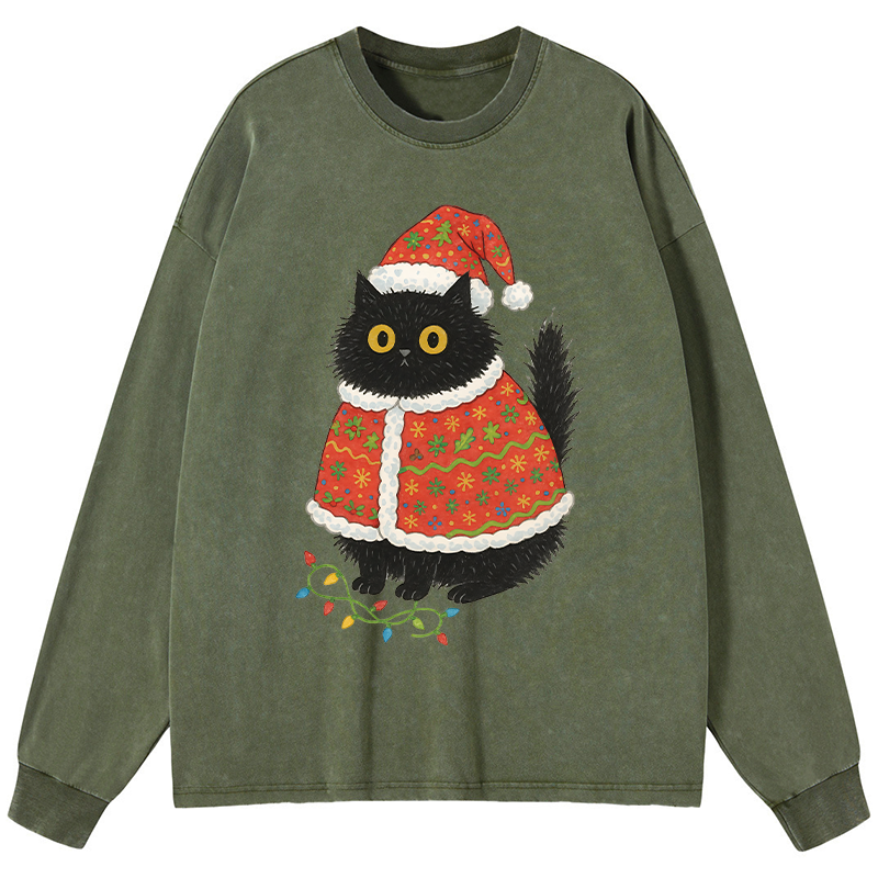 Tokyo-Tiger Cat Wearing Santa Hat Washed Long Sleeve T-Shirt